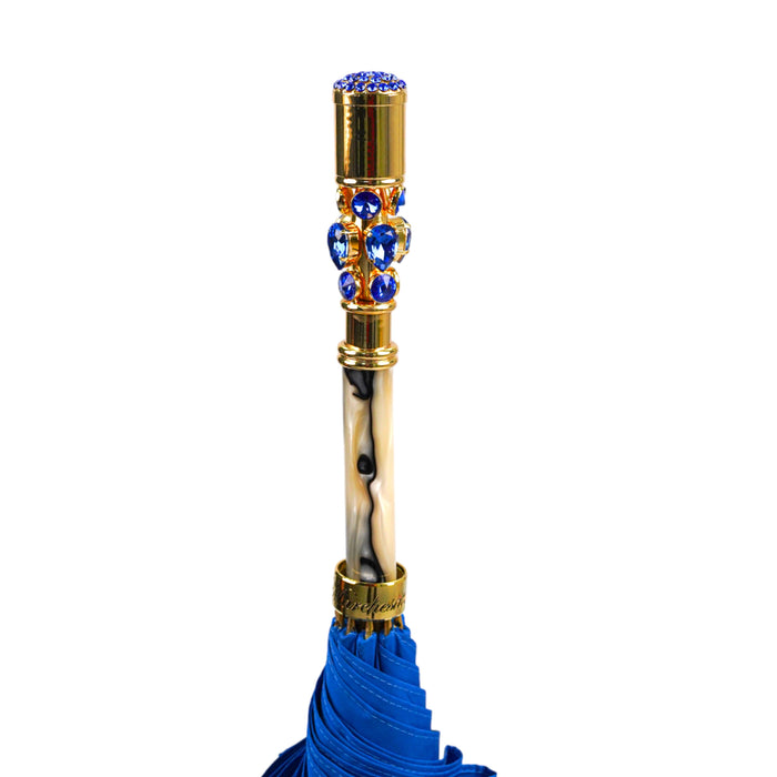 Handcrafted Electric Blue Umbrella with Crystal-Embellished Handle