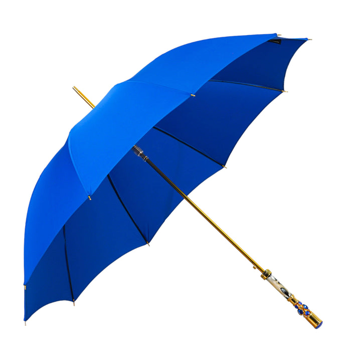 Handcrafted Electric Blue Umbrella with Crystal-Embellished Handle