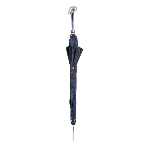 navy blue umbrella with studs and silver skull handle 