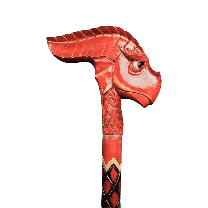 Red Wooden Dragon Head Walking Stick, Hand Carved - Hand Painting