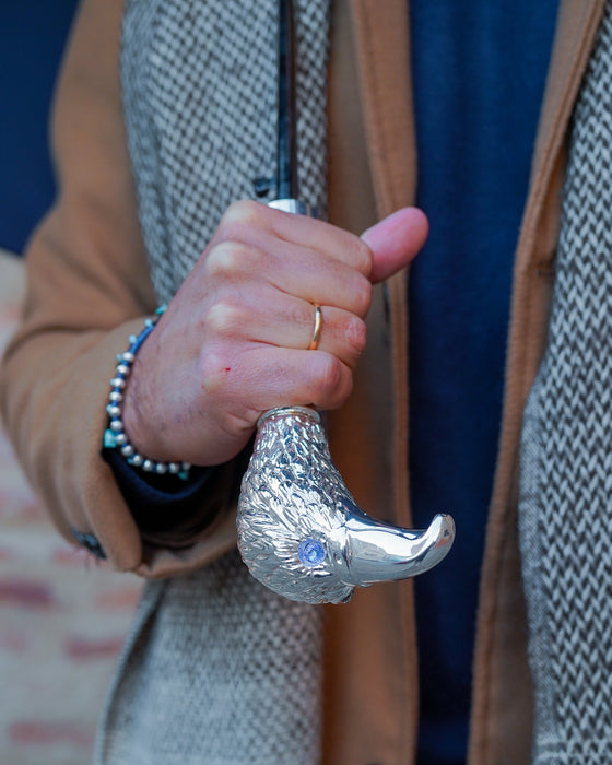 Unique Elegant Men's Umbrella Featuring a Silver-Plated Hawk Handle