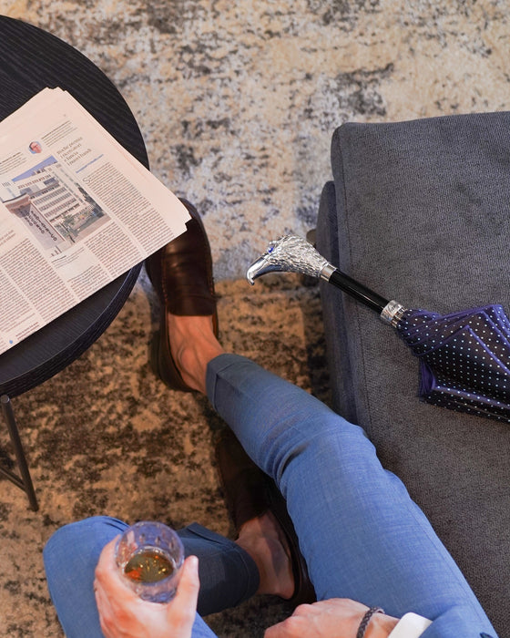 Unique Elegant Men's Umbrella Featuring a Silver-Plated Hawk Handle