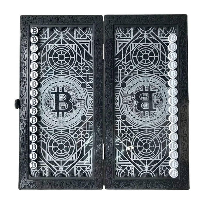 Unique stone backgammon set with Bitcoin motif