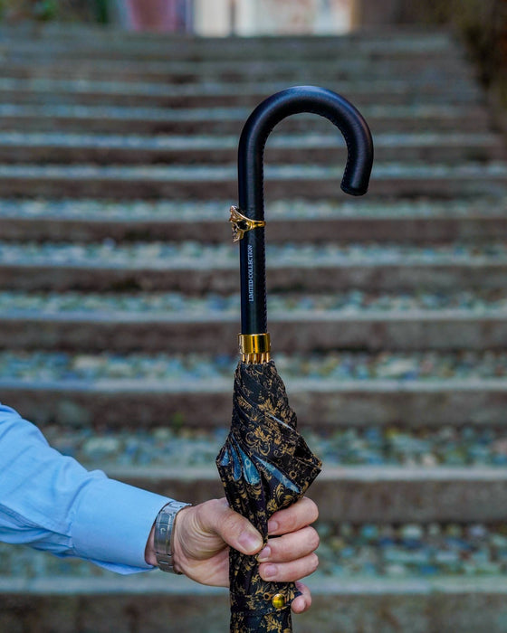 Elegant Umbrella with Leather Handle with Gold Skull