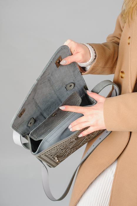 Gray Leather Satchel & Briefcase Genuine, Embossed Crossbody Bag