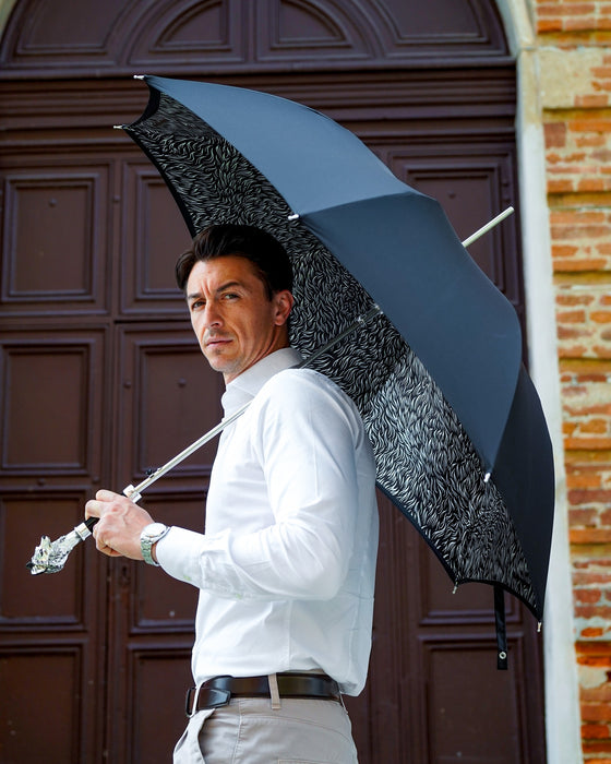 Stylish Umbrella with Silver-Plated 925 Wolf Handle and Fur Design