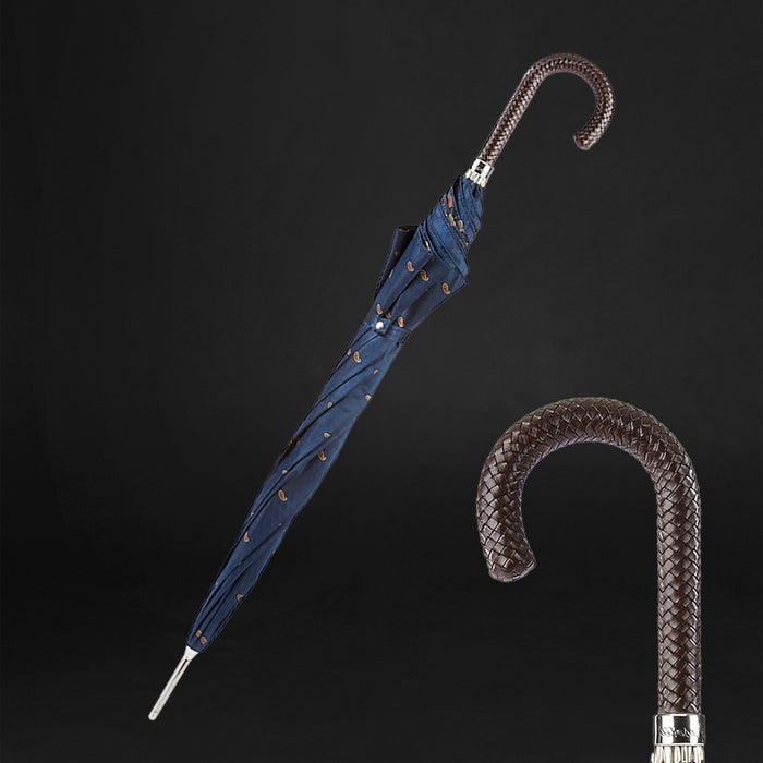 blue umbrella with braided leather handle