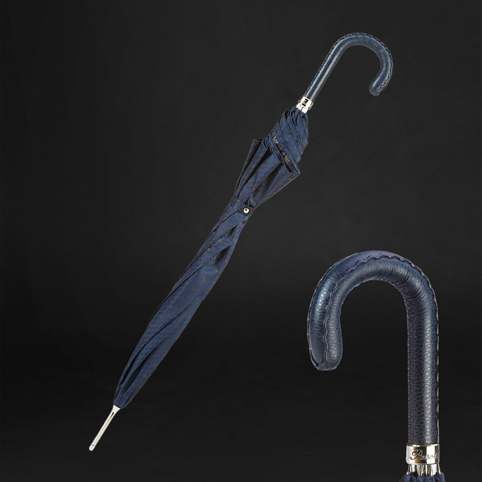 blue umbrella with navy leather handle
