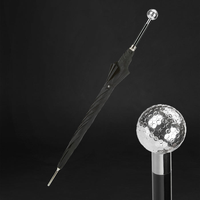 black umbrella with silver golf ball handle 