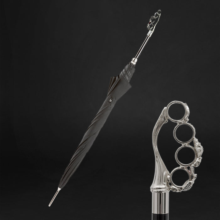 silver umbrella with self-defense handle