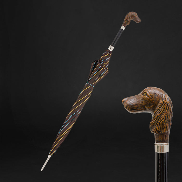 brown umbrella with dog handle stripes