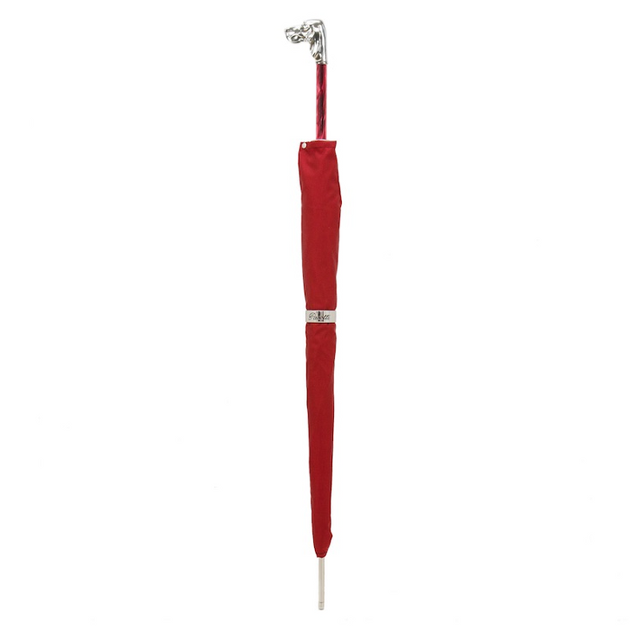 red umbrella with silver fox handle