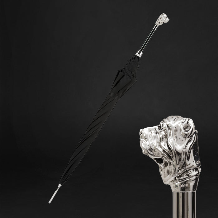 black umbrella with silver mastiff handle