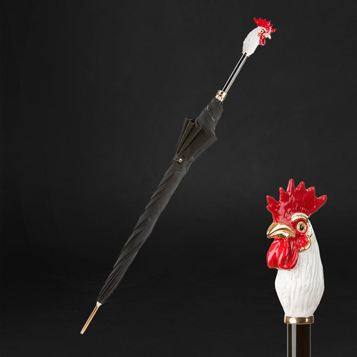 rooster handle umbrella with enameled brass - whimsical 