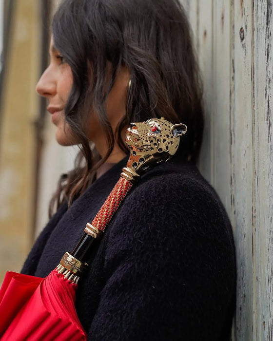 Jewel-Adorned Panther Handle Red Jacquard Umbrella