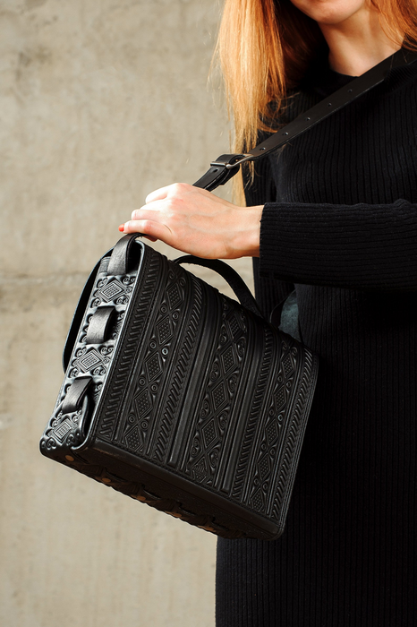 Black Leather Satchel Briefcase, Genuine, Embossed, Shoulder Bag