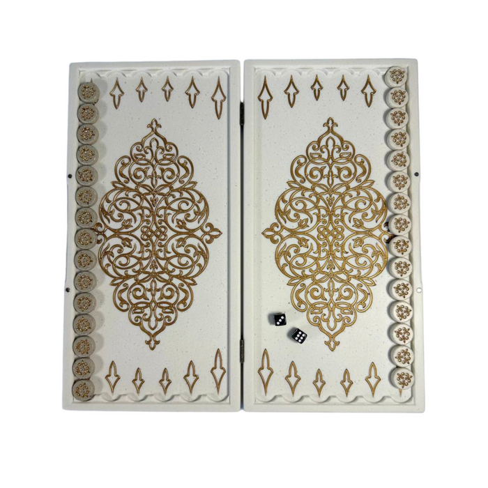 Backgammon board with luxury white acrylic stone construction, Pattern motif