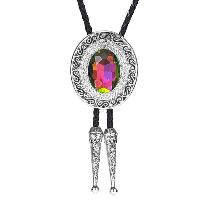 Mens Suit Tie Colorful Glass Stone Bolo with Rhinestone Necklace Tie