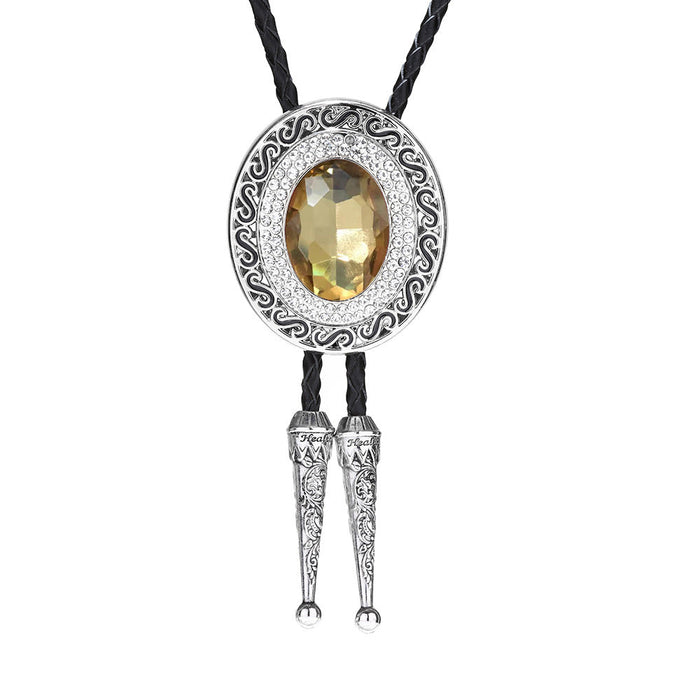 Mens Wedding Bolo Golden Glass Stone Tie with Rhinestone Necklace