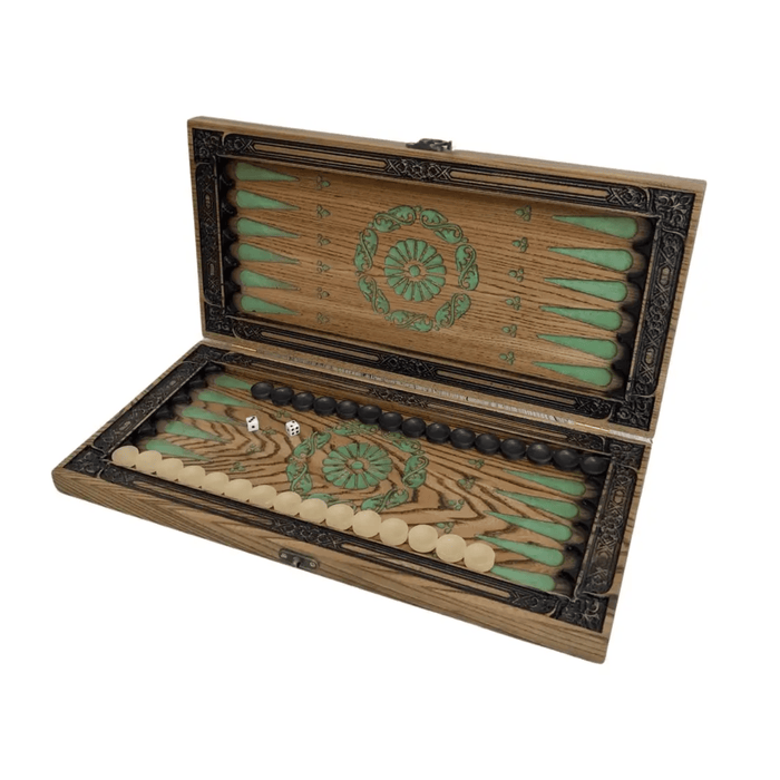 Wooden backgammon board with epoxy resin forest motif