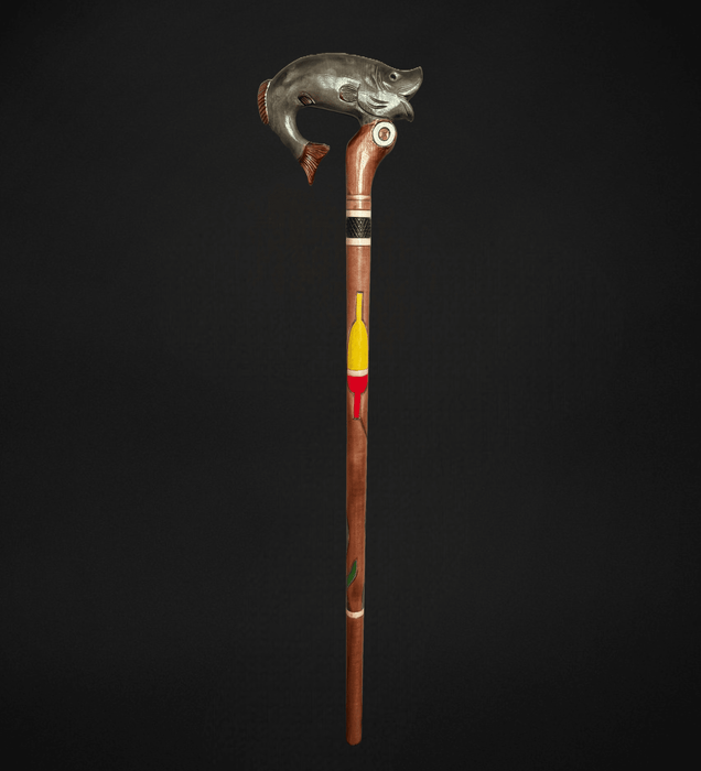 Handcrafted Walking Cane with Fish Design and Fishing Motif