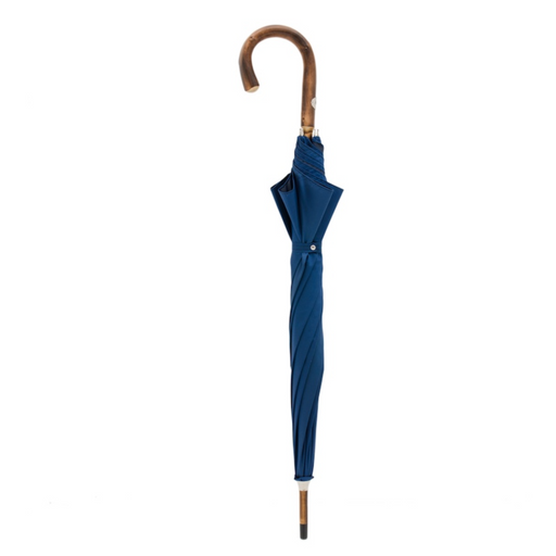 solid stick blue umbrella with chestnut wooden stick