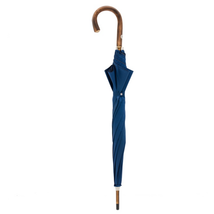 solid stick blue umbrella with chestnut wooden stick