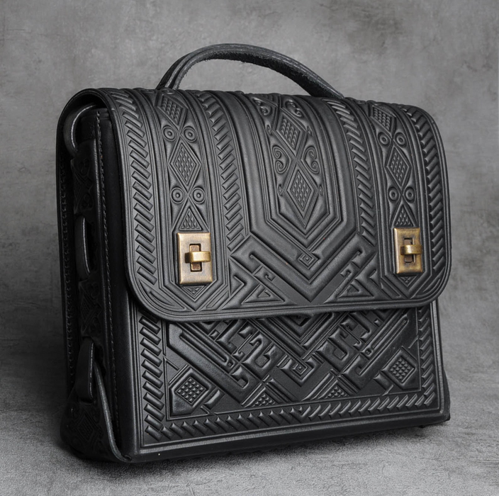 Black Leather Satchel Briefcase, Genuine, Embossed, Shoulder Bag