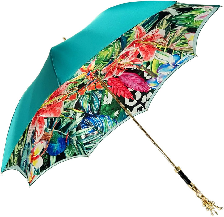 Designer umbrella with whimsical pop art designs and vibrant colors