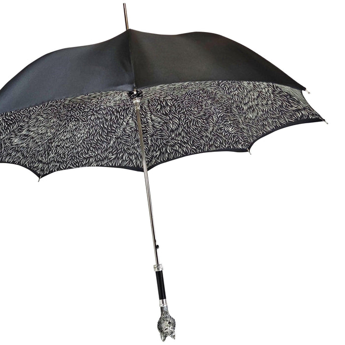 Stylish Umbrella with Silver-Plated 925 Wolf Handle and Fur Design