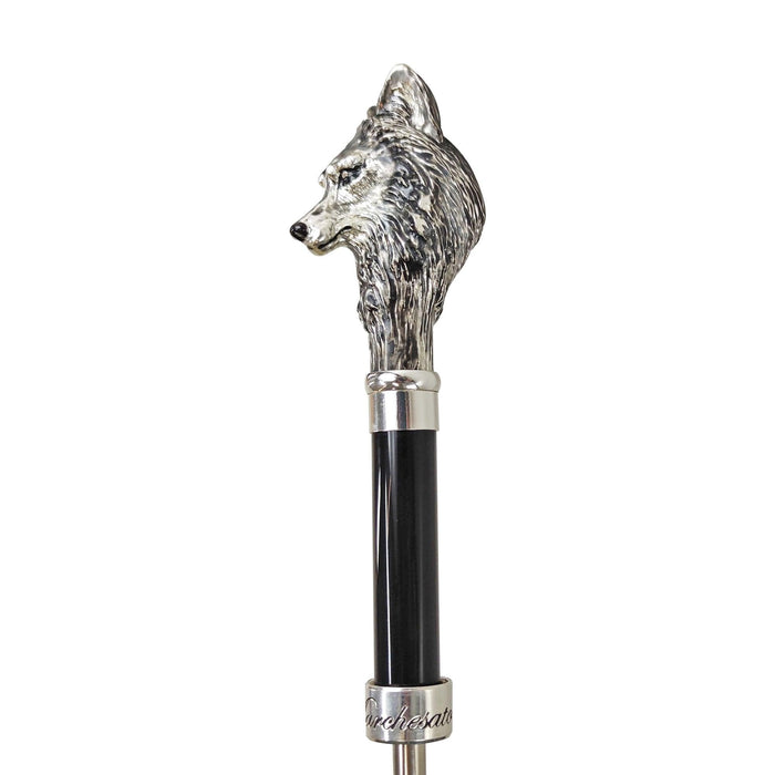 Stylish Umbrella with Silver-Plated 925 Wolf Handle and Fur Design