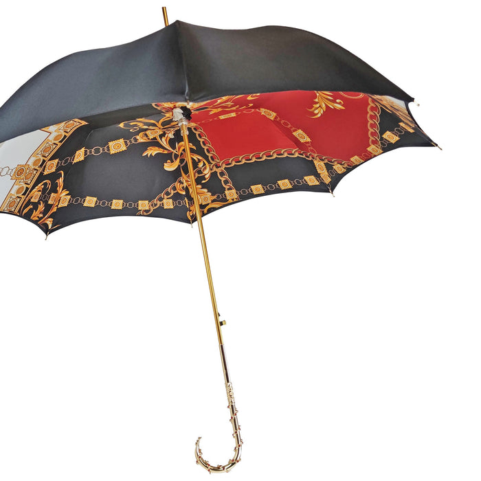 Iconic designer umbrella inspired by architectural landmarks with bold graphic prints