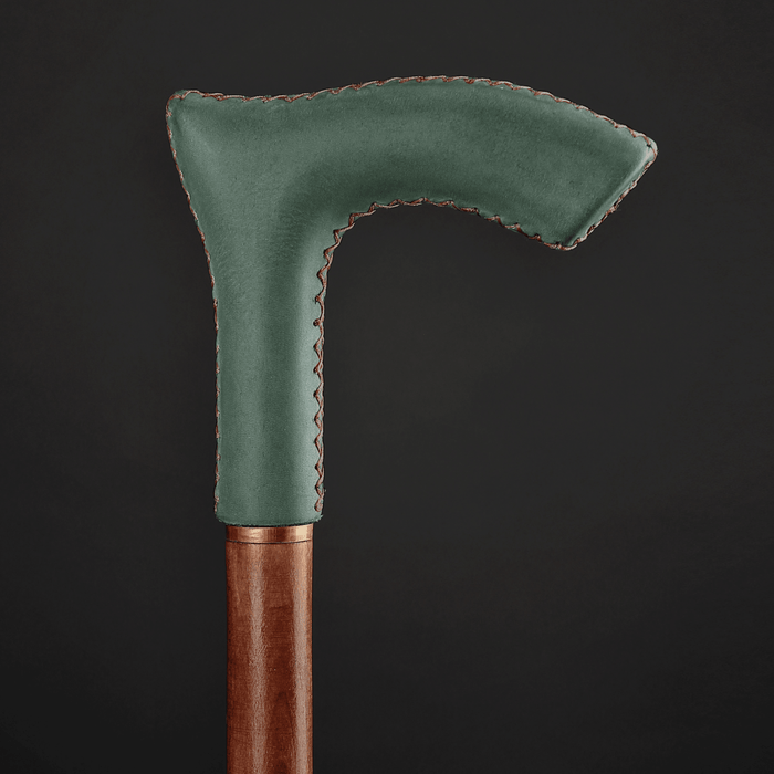 Leather Walking Stick Green - Elegant Ergonomic Design Handle