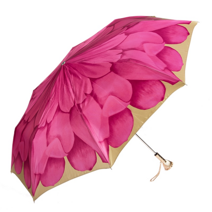 Pink Dahlia Golden Brass Chic Folding Umbrella