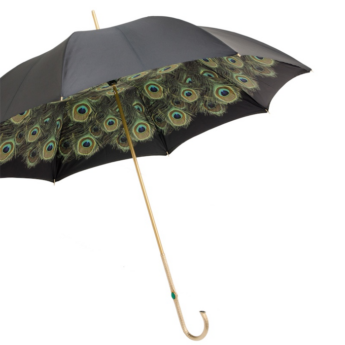 Peacock Gold Handle Black Double Cloth Umbrella Unique