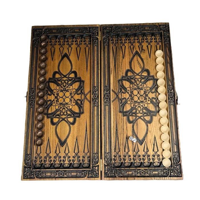 Artistic carved wood backgammon game