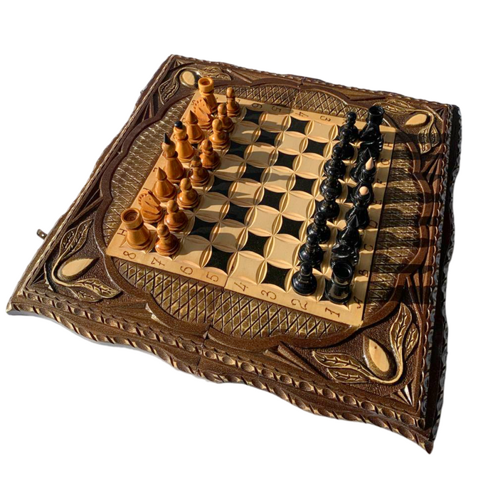 Artistic carved wood backgammon game