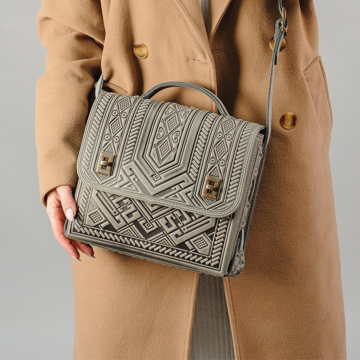 Gray Leather Satchel & Briefcase Genuine, Embossed Crossbody Bag