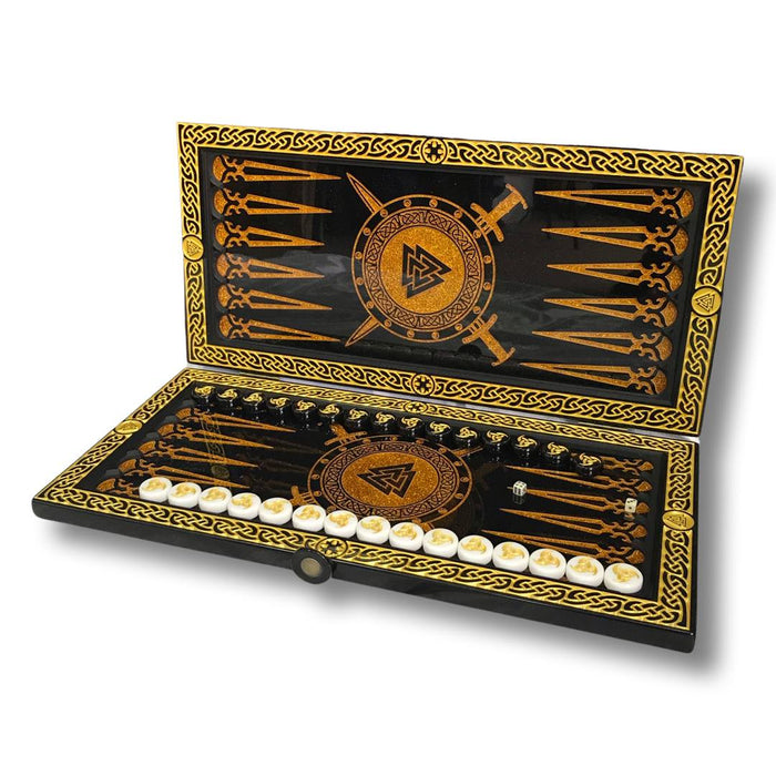 Premium black stone backgammon set with unique Viking design