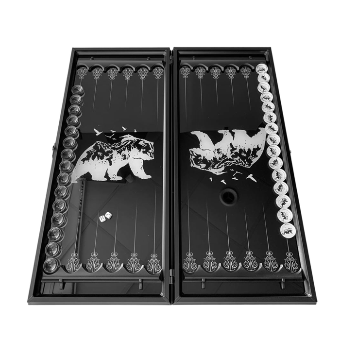 Glass backgammon addition to a handmade wooden chess set and backgammon board