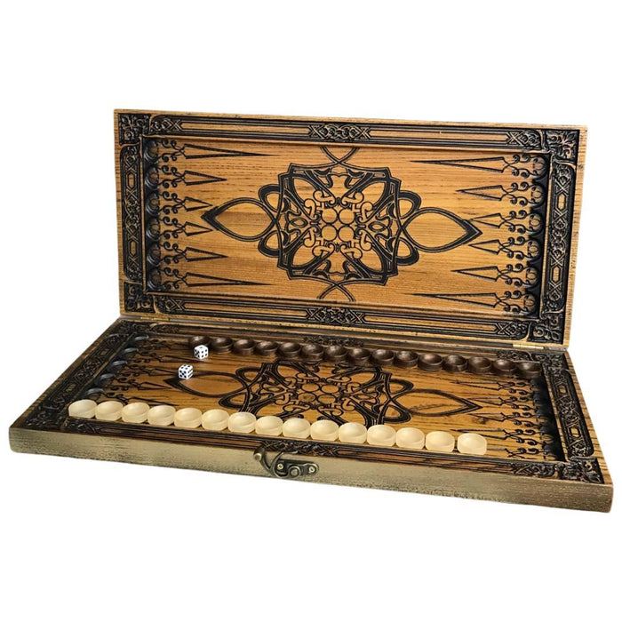 Handcrafted wooden backgammon set with patterned design