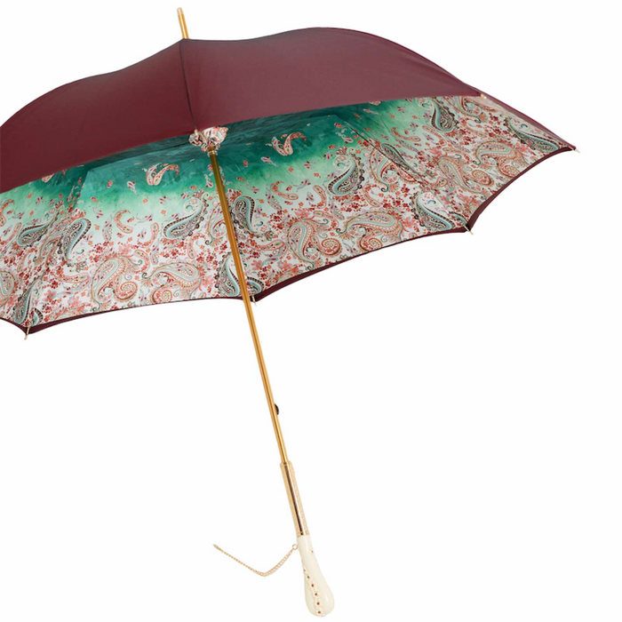 Burgundy Crystal Handle Printed Double Cloth Umbrella