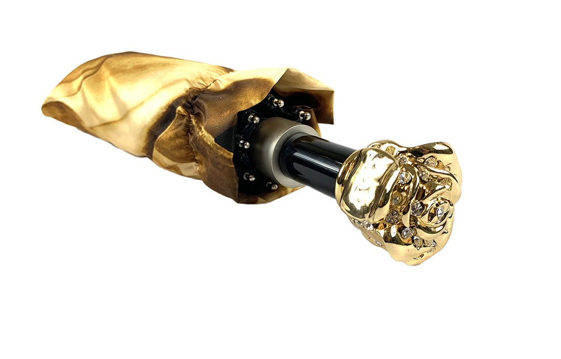 Fashionable umbrellas featuring gold and brown floral motifs