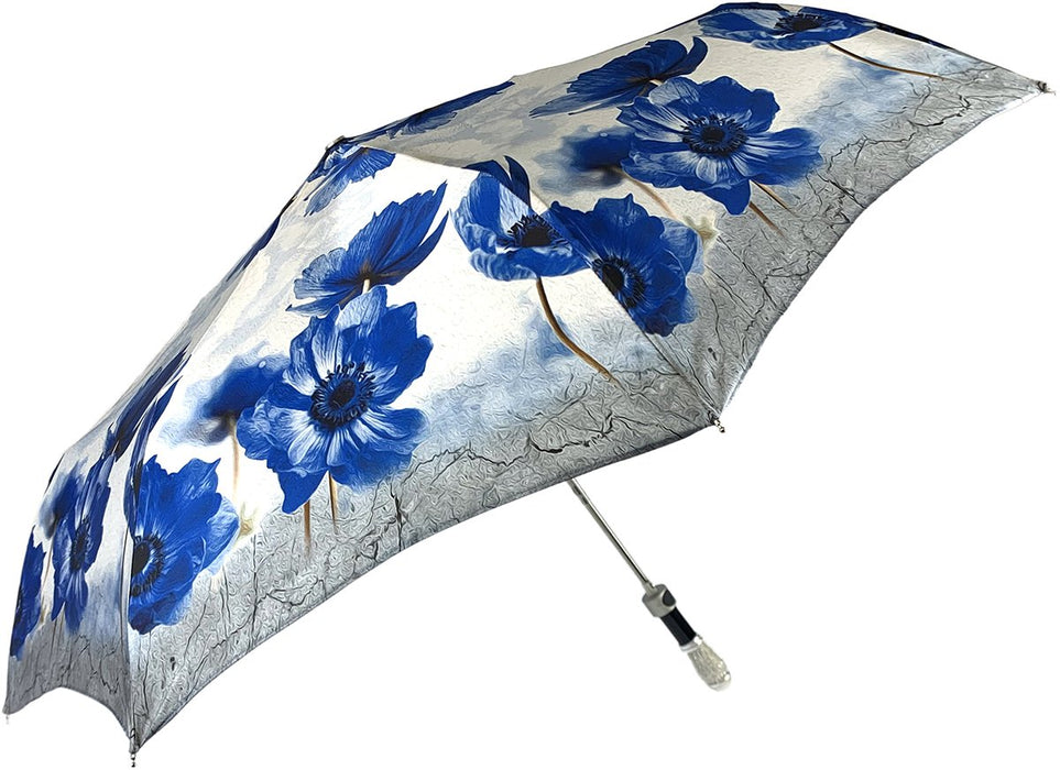 Fashionable white umbrella with blue poppies print