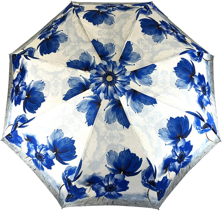 White Folding Umbrella with Blue Poppies Print