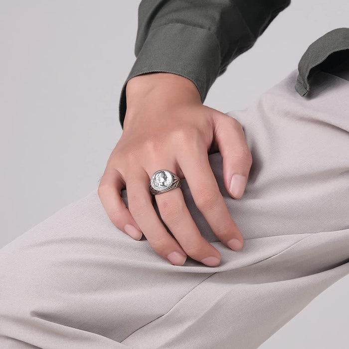Emperor Caesar Head Ring Silver Stainless Steel