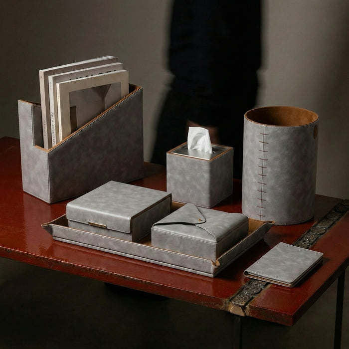 Luxury Gray Vegan Leather Desk Organizer Set – 7-Piece