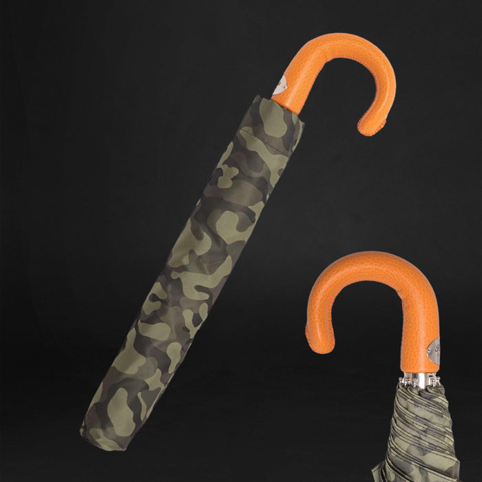 green camo umbrella with orange leather handle