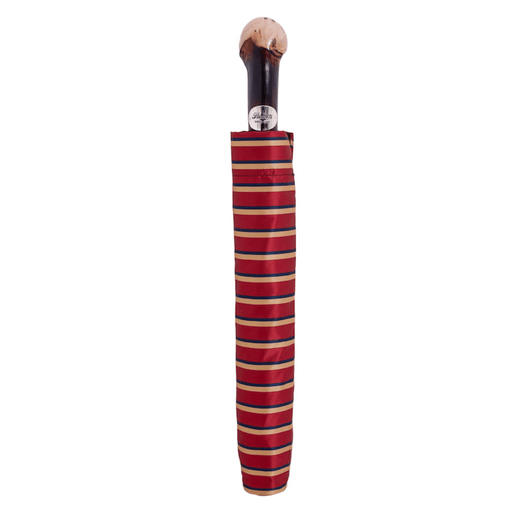 Red Striped Folding Umbrella with Chestnut Wood Handle