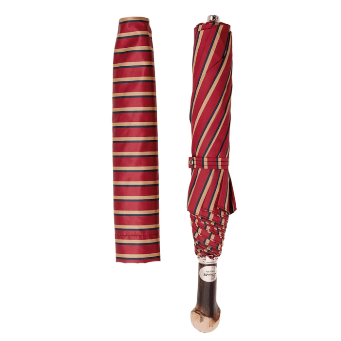 Red Striped Folding Umbrella with Chestnut Wood Handle